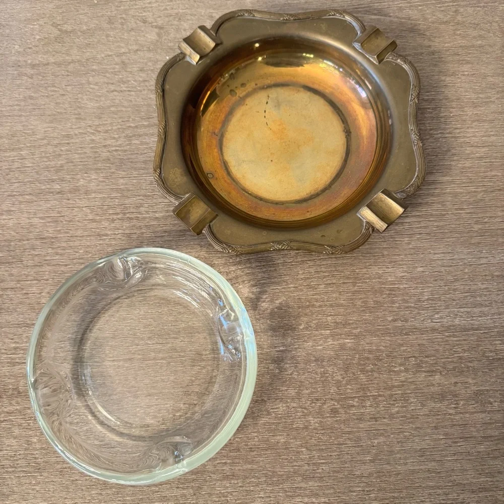 Vintage Brass Ashtray Glass Insert Large 8” MCM Hollywood India Catchall Tray